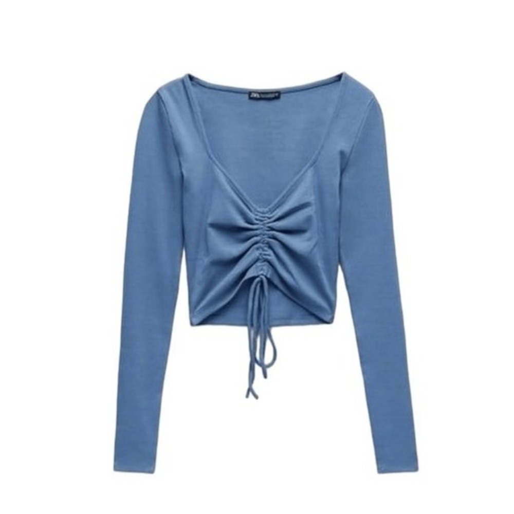 Zara Ruched Crop Top Periwinkle Blue Ribbed Knit Long Sleeve S